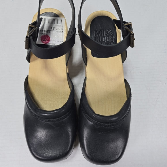 MIA Kaolib Black Leather Women's 3" Wooden Mule Clogs Size 10 - Picture 6 of 10